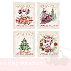 Juego de sellos postales del Polo Norte Minnie Mouse PNG, Juego de sellos postales del Polo Norte, Pegatinas, Sellos de cartas de Papá Noel, Marca postal, Descarga instantánea