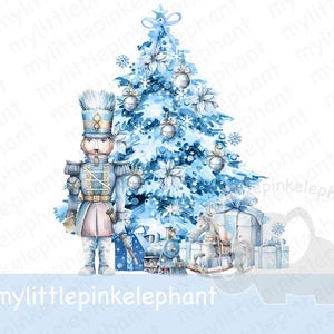 Árvore de Natal azul, quebra-nozes e trem PNG, design de sublimação de árvore de Natal, design de cartão de Natal, download digital instantâneo