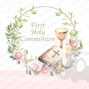 Corona de primera comunión PNG, diseño de sublimación de primera comunión, corona floral de eucalipto, Biblia, cáliz, descarga digital instantánea