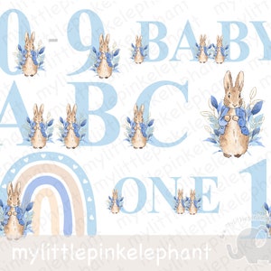 Paquete de Peter Rabbit (de 1 a 9 años, A-Z), Conejito Flopsy PNG, Imágenes digitales, Decoración de guardería, Cumpleaños, Baby Shower, Niño, Rosa, Clipart de sublimación, UV/DTF