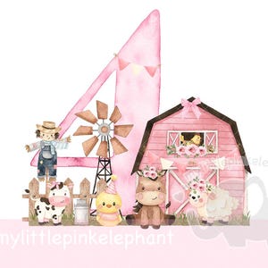 4e anniversaire petite fille rose ferme grange anniversaire fille PNG, conception en sublimation animaux de la ferme, conception de t-shirt ferme les filles, téléchargement immédiat