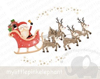 Jultomten med renar och släde, jul PNG, julklippkonst, julsäckdesign, julkort, sublimering, omedelbar digital nedladdning