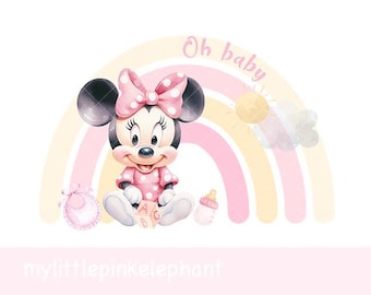 Klassische Minnie Maus Oh Baby Rosa Regenbogen PNG, Mickey Mouse Baby Shower Sublimation, Minnie Maus Png, sofortiger digitaler Download