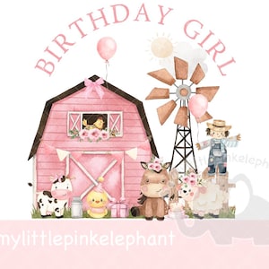 Anniversaire fille rose ferme grange anniversaire fille PNG, conception en sublimation animaux de la ferme, conception de t-shirt ferme les filles, téléchargement immédiat