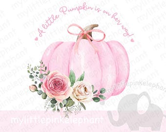 Pastel Pink Floral Pumpkin, A Little Pumpkin Is On Her Way! Fall Baby Shower PNG, Pumpkins Clipart, Sublimation Design, Digital Download,