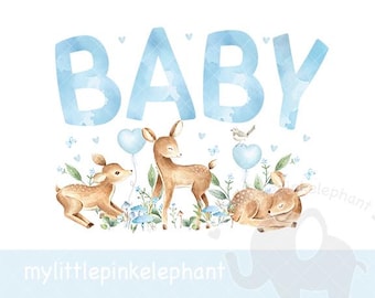 Baby Blue Woodland Animals PNG, Forest Animals Sublimation Design, Woodland Baby Shower Design, Woodland Wildflowers, Instant Download