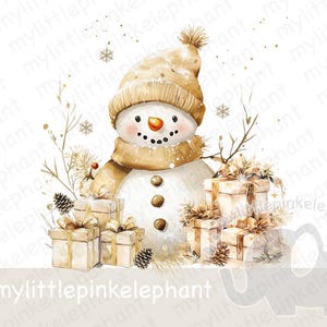 Aquarela Boneco de Neve Dourado PNG, Boneco de Neve Bonito, Design de Sublimação de Natal Dourado, Caneca de Natal, Design de Saco de Papai Noel, Download Digital Instantâneo