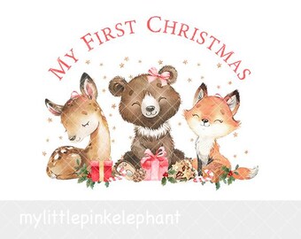 Woodland Deer, fox, bear Merry Christmas PNG, Reindeer Woodland, My 1st Christmas Eve Box Topper, Christmas Card, Instant Download