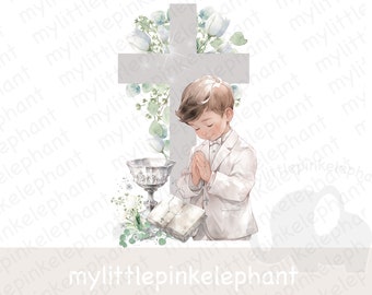 First Holy Communion Cross Chalice PNG, Boy 1st Communion Sublimation Design, Floral Cross, Bible, Praying, Instant Digital Download