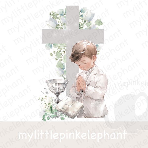 First Holy Communion Cross Chalice PNG, Boy 1st Communion Sublimation Design, Floral Cross, Bible, Praying, Instant Digital Download