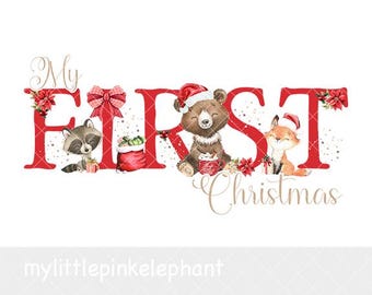 Christmas Forest Animals poinsettia FIRST PNG, Woodland Animals Sublimation Design, Baby 1st Christmas, Santa Bear, Instant Download