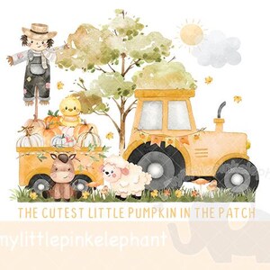 Puede incluir: Ilustración en acuarela de un tractor amarillo tirando de un vagón lleno de calabazas, un espantapájaros y animales de granja. El texto dice: "The Cutest Little Pumpkin in the Patch."
