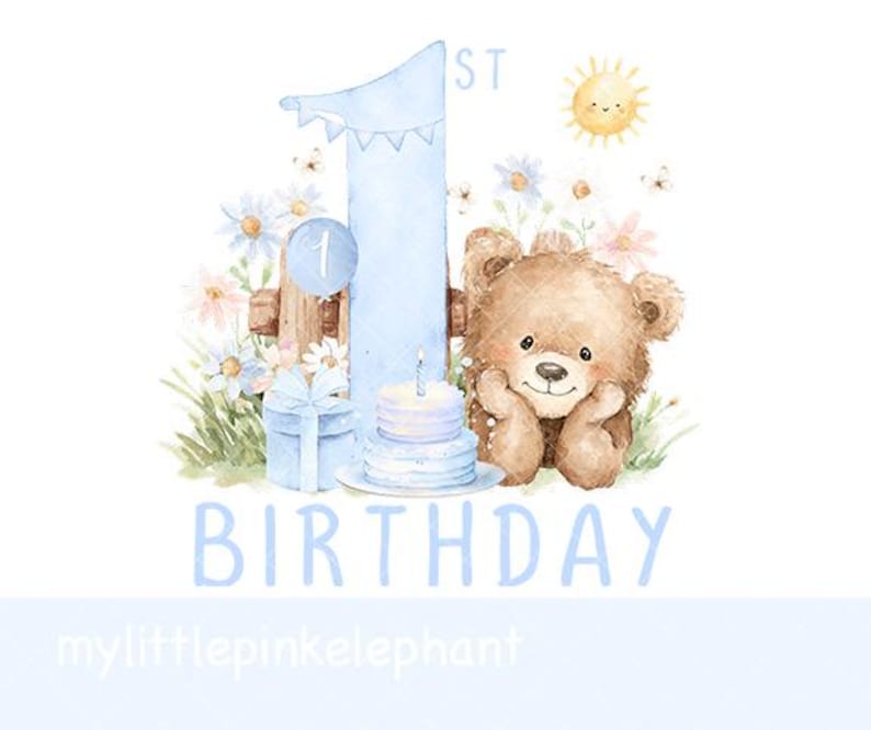 Teddy Bear Blue 1st Birthday PNG, Bunny 1st Birthday Sublimation Design ...