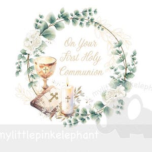 Erste heilige Kommunion Kranz PNG, 1st Kommunion Sublimation Design, Eukalyptus Blumenkranz, Rosenkranz, Kelch, Bibel, Sofortiger digitaler Download