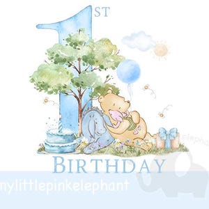 くまのプーさん 1 歳の誕生日 PNG、プーさん誕生日昇華デザイン、ブルー 1 歳の誕生日、プーさん、子豚、イーヨー、インスタント デジタル ダウンロード