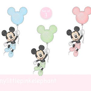 May include: Three illustrations of Mickey Mouse holding balloons. Each Mickey Mouse is dressed in different coloured shorts and shoes, with a matching balloon. The balloons are light blue, green, and pink. The text "Set of 3" is in a pink circle.