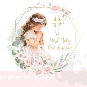 DELICATE Soft Pink Rosenkranz Erste Heilige COMMUNION Mädchen Kommunion PNG, betende Mädchen Erstkommunion, Heilige Kommunion Karte, Instant Download