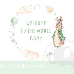 Globo verde de Peter Rabbit PNG, diseño de sublimación "Bienvenido al mundo" para bebé niño, diseño de tarjeta para bebé niño, descarga digital instantánea