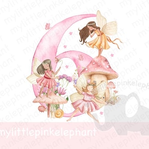 6e verjaardag meisje fee clipart, roze nummer zes, digitale download, transparante png, sublimatie t-shirtontwerp, aquarel feestdecor