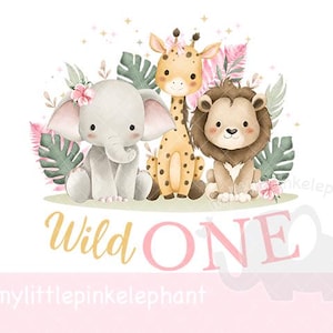 Pink Baby Safari Animals Kids PNG, Watercolor Baby Animals, Pink baby girl Wild One PNG, Birthday Card image, Instant Download, T Shirt