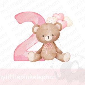 Watercolor Teddy Bear Pink Balloons 2nd Birthday PNG, Second Birthday Sublimation Design, Baby girls First Birthday, Instant Download
