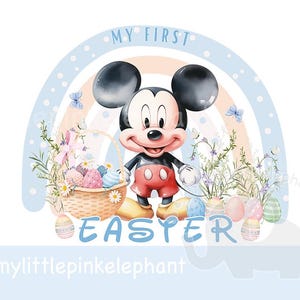 May include: A watercolor illustration of Mickey Mouse holding a basket of Easter eggs. The background features a rainbow and the text "My First Easter".