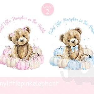 May include: Watercolour illustration of two teddy bears with pumpkins. One bear has a pink bow and pink pumpkins, the other has a blue bow and blue pumpkins. Text reads "Cutest Little Pumpkin in the Patch." Set of 2.