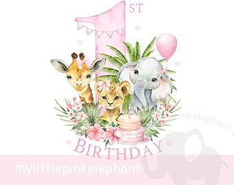 Girls Wild One Baby Safari Animals In Flower Crowns PNG, First Birthday Sublimation Design, 1st Birthday Party, Instant Digital Download
