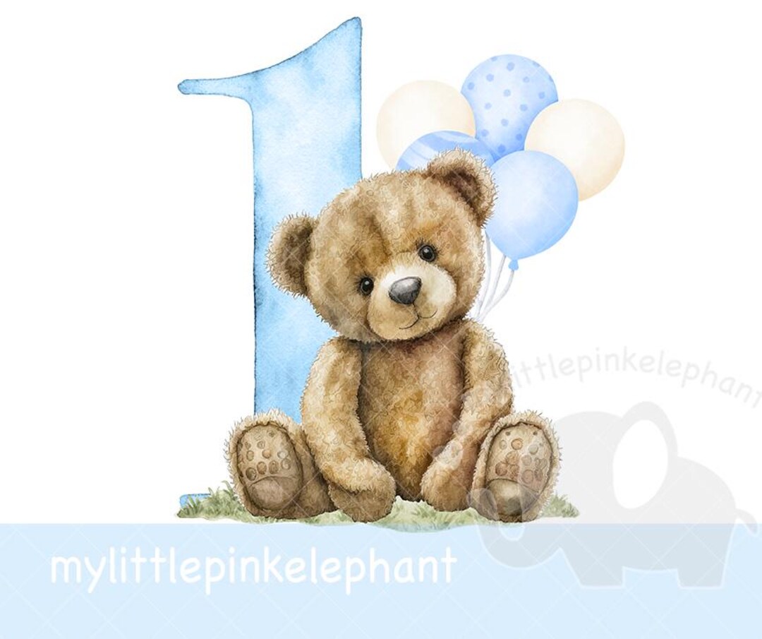 Teddy Bear Blue Balloons 1st Birthday PNG, First Birthday Sublimation ...