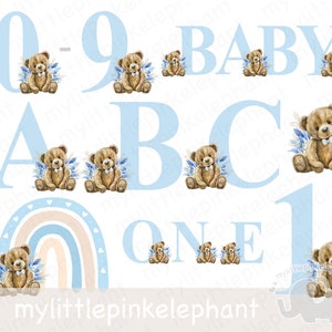 Teddy Bear Bundle Ages 1-9 A-Z, Teddy Bear PNG, Set Digital Images, Nursery Birthday Baby Shower Boy Pink, Sublimation Clipart, UV/DTF