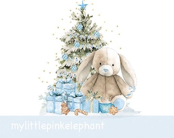 Blue Bunny & Christmas Tree PNG, Christmas Rabbit Sublimation Design, Christmas Card Design, Santa Sack Design, Instant Digital Download