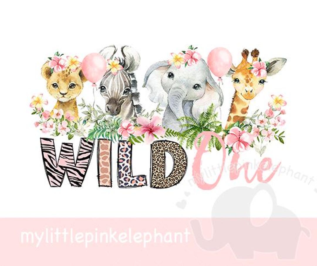 Girls Wild One Baby Safari Animals in Flower Crowns PNG, First Birthday ...