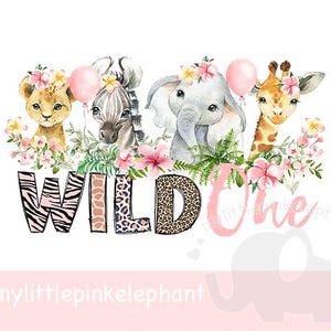 Mädchen Wild One Baby Safari Tiere in Blumenkronen PNG, erster Geburtstag Sublimationsdesign, 1. Geburtstagsparty, sofortiger digitaler Download