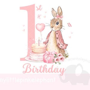 Peter Rabbit Pink 1. Geburtstag PNG, alles Gute zum Geburtstag Sublimationsdesign, 1. Geburtstag, erster Geburtstag Flopsie Bunny Design, Sofort Download
