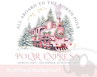 Polar Express PinkClipart, traditionele kersttrein, Believe Bell, T-shirtontwerp, png, ticket, kaartontwerp, sublimatieafbeelding
