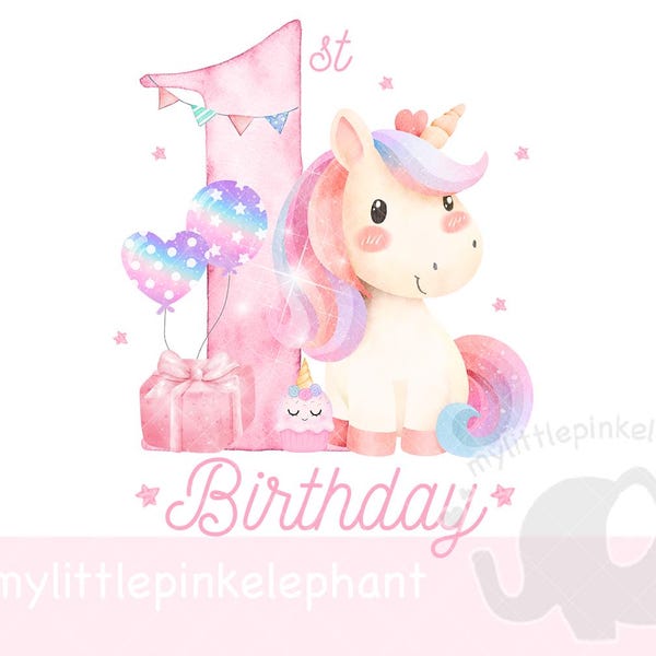1st birthday Unicorn clipart, number balloon image, png instant download for sublimation crafting, card making, cake topper, party