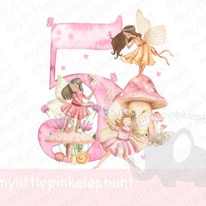 Clipart fée fille 5e anniversaire, rose numéro cinq, téléchargement numérique, png transparent, conception de t-shirt par sublimation, décoration de fête aquarelle