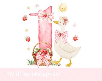 Strawberry 1st Birthday Goose PNG, Berry First Birthday T Shirt Sublimation Design, Strawberry Daisy 1st Birthday, Instant Digital Download