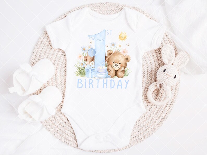 Teddy Bear Blue 1st Birthday PNG, Bunny 1st Birthday Sublimation Design ...