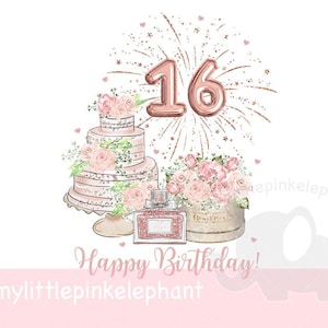 Süßer 16. Geburtstag Geburtstagskuchen und Blumen Design für Mädchen PNG, Mädchen 16. Geburtstag Sublimation Clipart digitaler Download
