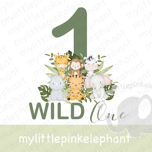 Baby Safari Animals Kids PNG, Watercolor Baby Animals, Sage Green Wild One PNG, Birthday Card image, Instant Digital Download, T Shirt