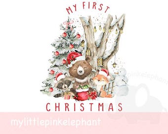 Red woodland baby animal red Christmas PNG, Baby's 1st Christmas T shirt Sublimation, Christmas Eve Box, Christmas Sack, Instant Download