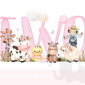 Deux anniversaire petite fille rose ferme grange anniversaire fille PNG, 2e anniversaire ferme animaux Sublimation Design, t-shirt ferme les filles, téléchargement immédiat