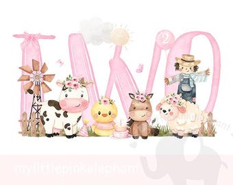 May include: Pink watercolor illustration of the word "TWO" with a cow, chick, horse, and sheep. The number 2 is in a pink circle above the word.