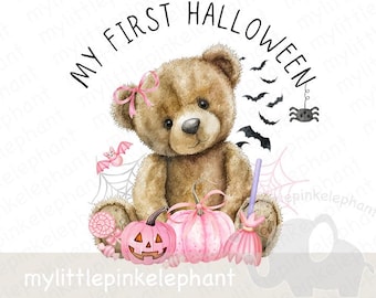 Mein erster Halloween-Teddybär und rosa Kürbis PNG, Teddybär-Design, erstes Halloween-T-Shirt, Halloween-Leckerli-Tasche, sofortiger digitaler Download
