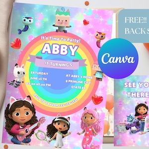 Edytowalny szablon zaproszenia urodzinowego Gabbys Dollhouse, drukowane zaproszenia na przyjęcie urodzinowe, cyfrowe zaproszenie na przyjęcie urodzinowe, zaproszenie na kartkę urodzinową