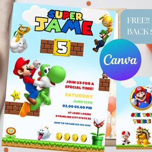 スーパーマリオ誕生日招待状 | スーパーマリオブラザーズ即時ダウンロード | スーパーブラザーズボーイ招待 | マリオカート | 印刷可能な誕生日招待状