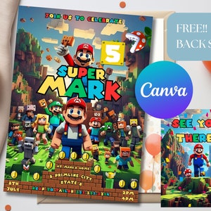 Super Mario Birthday Invitation, Mario Bros Invitation, Super Brothers boy Invite, Video Game, Kid Invite, Editable Template, Editable Canva