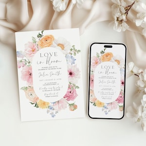Invitación floral multicolor para despedida de soltera, invitación para despedida de soltera en el jardín, plantilla editable de Canva, tarjeta digital imprimible