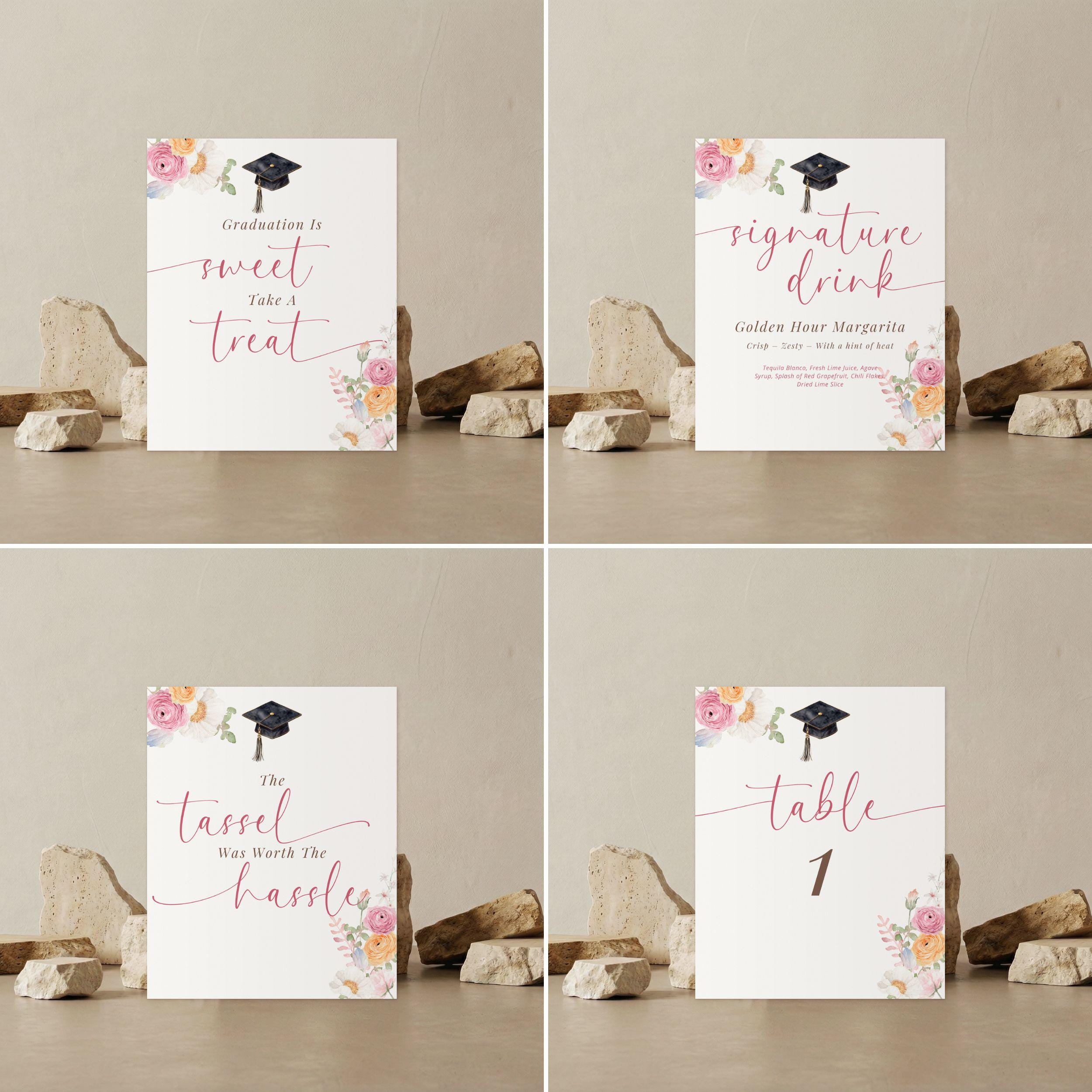 Graduationa Signs Pink Pink Floral Graduation Table Signs Bundle, Editable Canva Templates ...